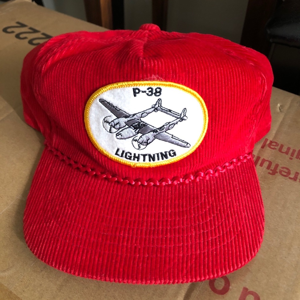 Vintage corduroy P-38 Lightning snapback hat Red
